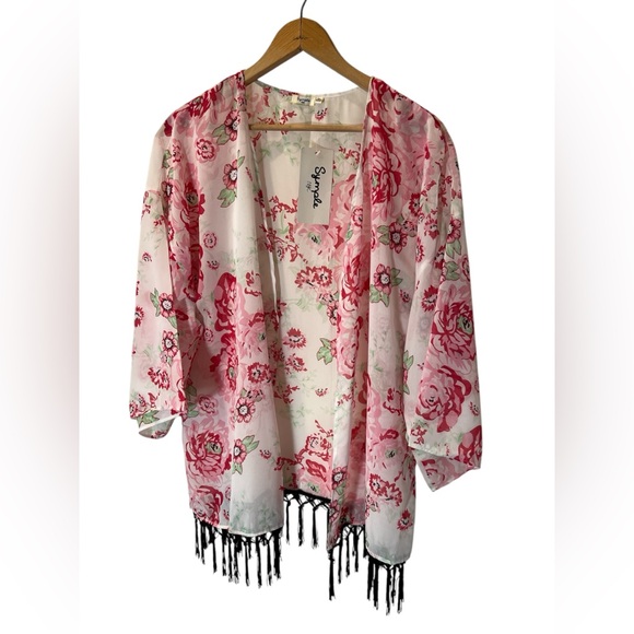 Simply NYC Pink Floral Shrug with Black Fringe - Picture 2 of 6